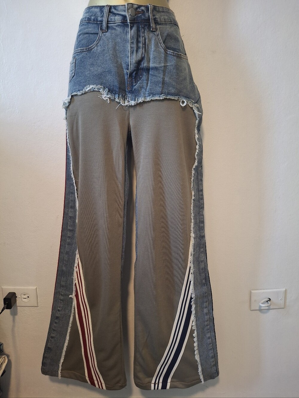 Hot & Delicious Two-Tone Denim and Taupe Wide Leg Jeans with Red & Navy Stripes